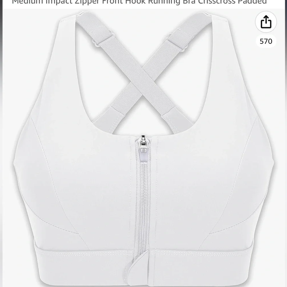 White Front Zip Sports BRA by Cordaw. High Support. Removable pads. Size L. New! - Picture 2 of 9